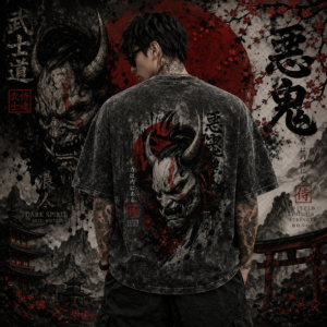 Oni Mask Oversized Acid Wash T-Shirt | Japanese Dark Spirit | 240 GSM French Terry Cotton