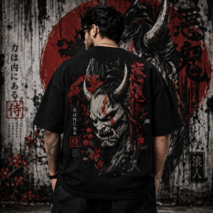 VastraVista Oni Mask Oversized Acid Wash T-Shirt | 240 GSM French Terry | Japanese Streetwear Graphic Tee