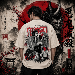 Samurai Oni Oversized T-Shirt – Japanese Anime Streetwear | Premium Cotton | Unisex