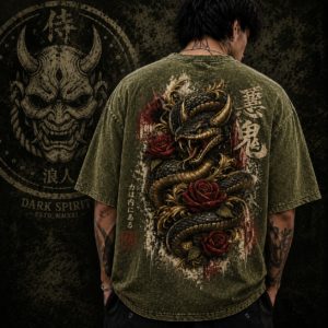 Dark Spirit Snake Oversized Acid Wash T-Shirt | 240 GSM French Terry Cotton | Japanese Anime Streetwear