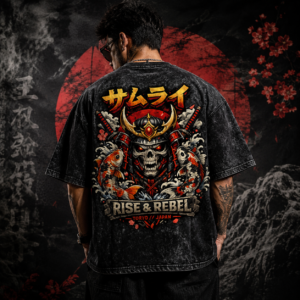 Samurai Skull Oversized Acid Wash T-Shirt | 240 GSM French Terry Cotton | Anime Streetwear